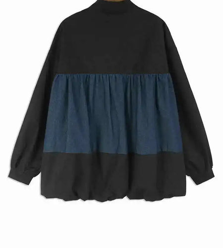 Black Color-block Big Size Casual Jacket New Stand Collar Long Sleeve Women Coat Fashion Tide Spring Autumn 2025 1DH7581