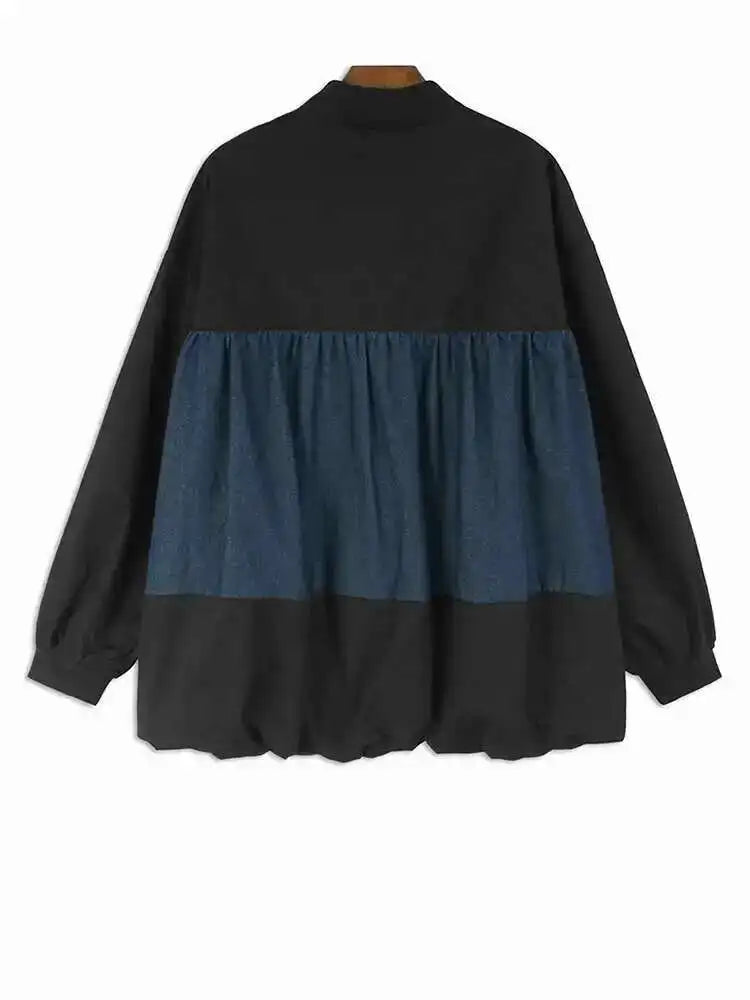 Black Color-block Big Size Casual Jacket New Stand Collar Long Sleeve Women Coat Fashion Tide Spring Autumn 2025 1DH7581