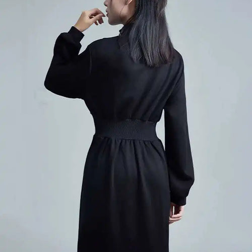 Load image into Gallery viewer, Women Black Zipper Slit Big Size Midi Dress New Half High Collar Long Sleeve Loose Fit Fashion Spring Autumn 2025 1DH2442
