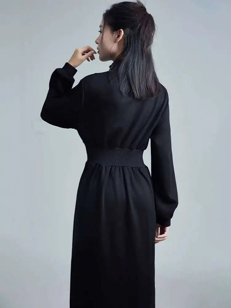 Women Black Zipper Slit Big Size Midi Dress New Half High Collar Long Sleeve Loose Fit Fashion Spring Autumn 2025 1DH2442