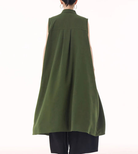 Women Army Green Hollow Out Big Size Midi Casual Dress New Lapel Sleeveless Fashion Tide Spring Summer 2025 1DH9512