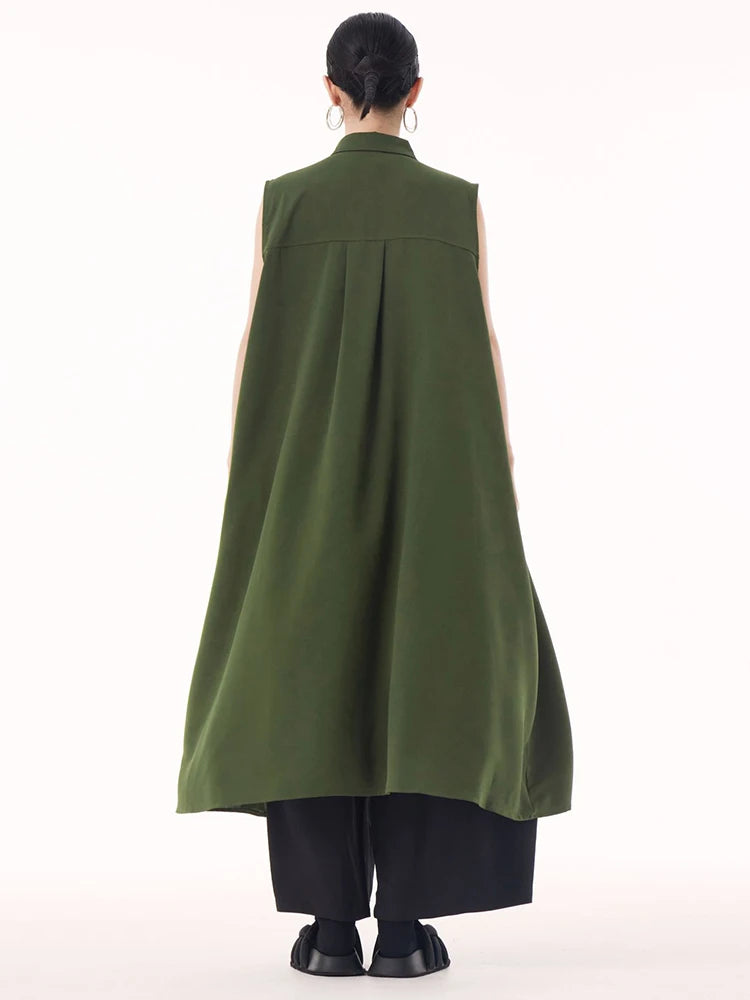 Women Army Green Hollow Out Big Size Midi Casual Dress New Lapel Sleeveless Fashion Tide Spring Summer 2025 1DH9512