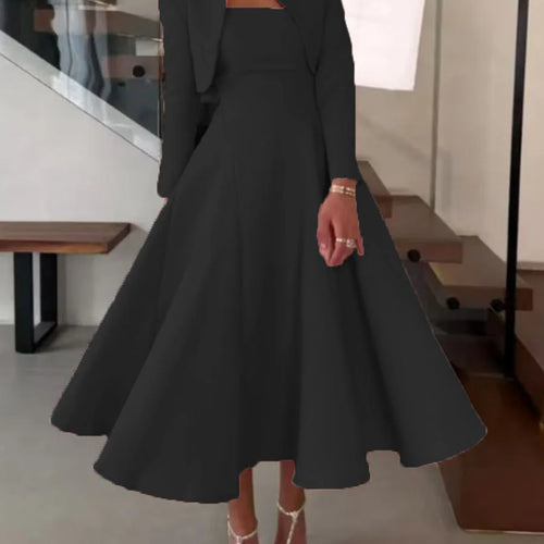 Load image into Gallery viewer, Solid Elegant Two Piece Sets for Women Round Neck Long Sleeves Top Square Neck Sleeveless Tunic Dress Female Clothes
