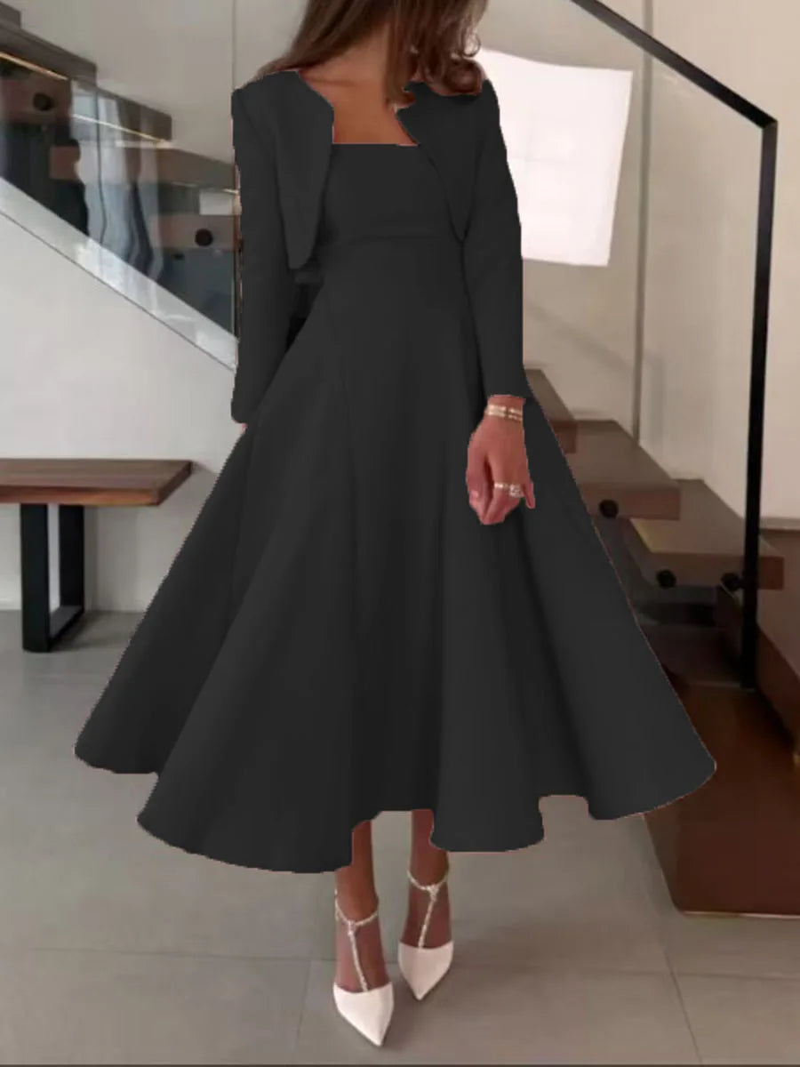 Solid Elegant Two Piece Sets for Women Round Neck Long Sleeves Top Square Neck Sleeveless Tunic Dress Female Clothes