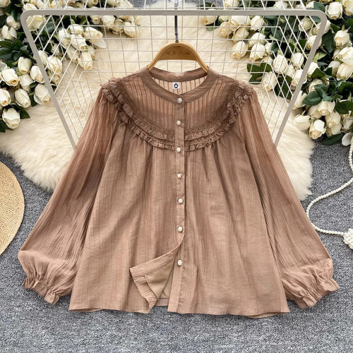 Load image into Gallery viewer, Vintage Sweet Solid Elegant Ruffle Edge Lace Tops Women Autumn New Round Neck Versatile Long Sleeved Single Breasted Shirt Trend
