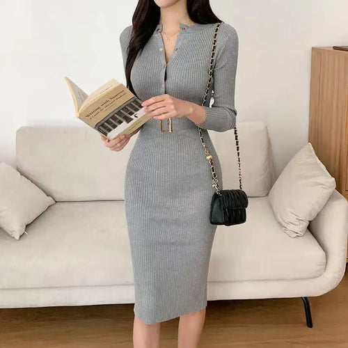 Load image into Gallery viewer, French Women Solid Single Breasted Long Sleeved Midi Dresses Autumn Winter New Temperament Slim Knitted A-line Dress Round Neck
