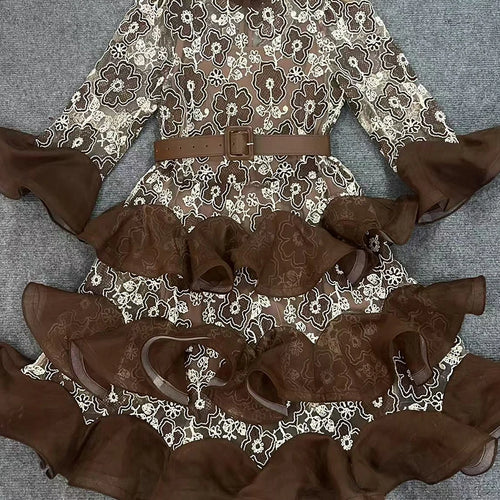 Load image into Gallery viewer, Solid Sheer Spliced Embroidery Dresses for Women Round Neck Half Sleeves Patchwork Ruffles Folds Dress Female New
