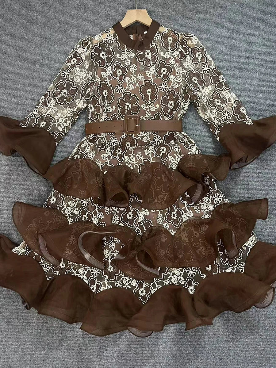 Solid Sheer Spliced Embroidery Dresses for Women Round Neck Half Sleeves Patchwork Ruffles Folds Dress Female New