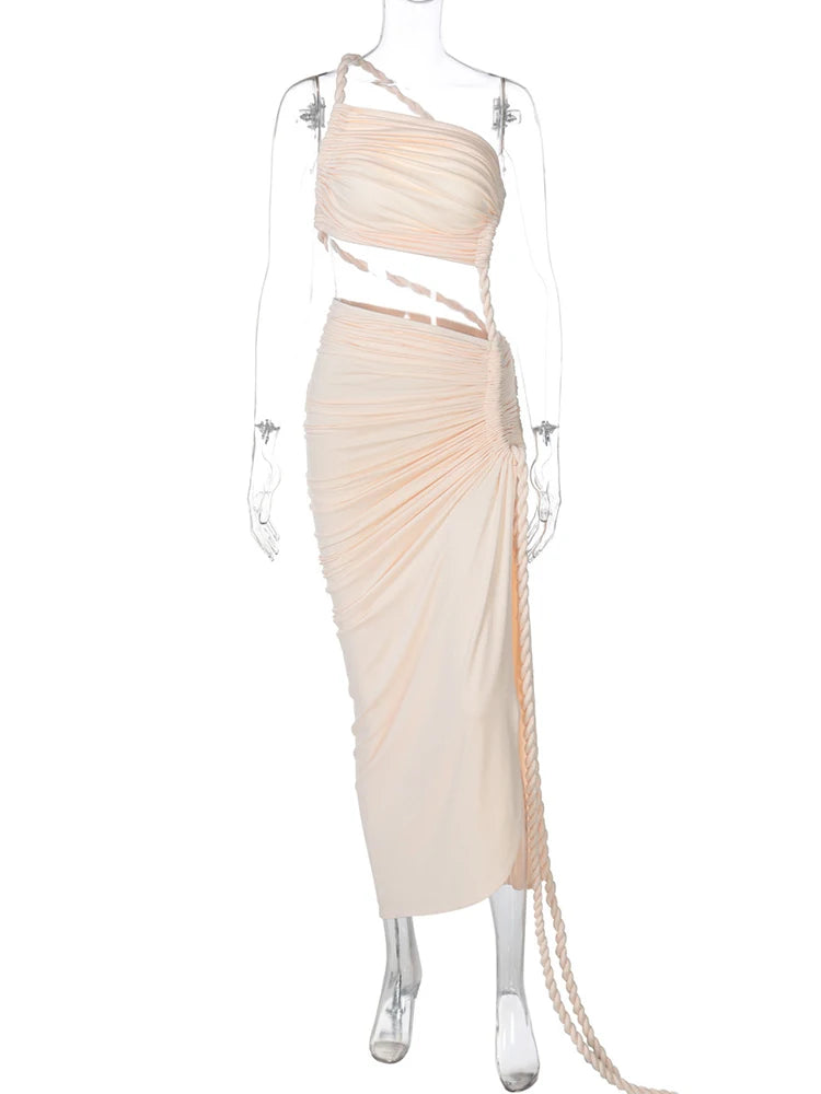 Off-shoulder Thigh High Split Sexy Maxi Dress For Women Fashion Strapless Sleeveless Ruched Bodycon Club Party Dress