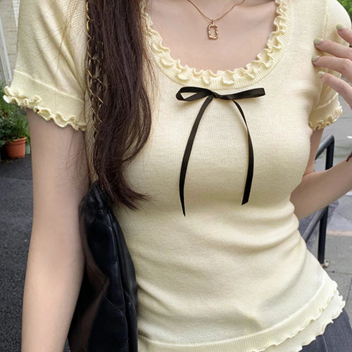 Load image into Gallery viewer, Y2k Aesthetic Summer Apricot Sweet Bow Tees 2025 Vintage Knitted Ruffled Fairy Tshirts Women Harajuku Grunge Slim Fit Thin Tops
