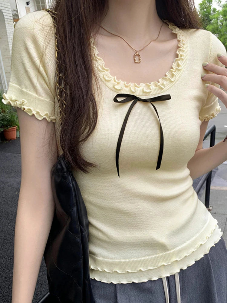 Y2k Aesthetic Summer Apricot Sweet Bow Tees 2025 Vintage Knitted Ruffled Fairy Tshirts Women Harajuku Grunge Slim Fit Thin Tops
