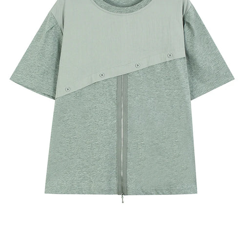 Load image into Gallery viewer, Women Gray Color-block Zipper Big Size Casual T-shirt New Round Neck Short Sleeve Fashion Tide Spring Summer 2025  1DJ0663
