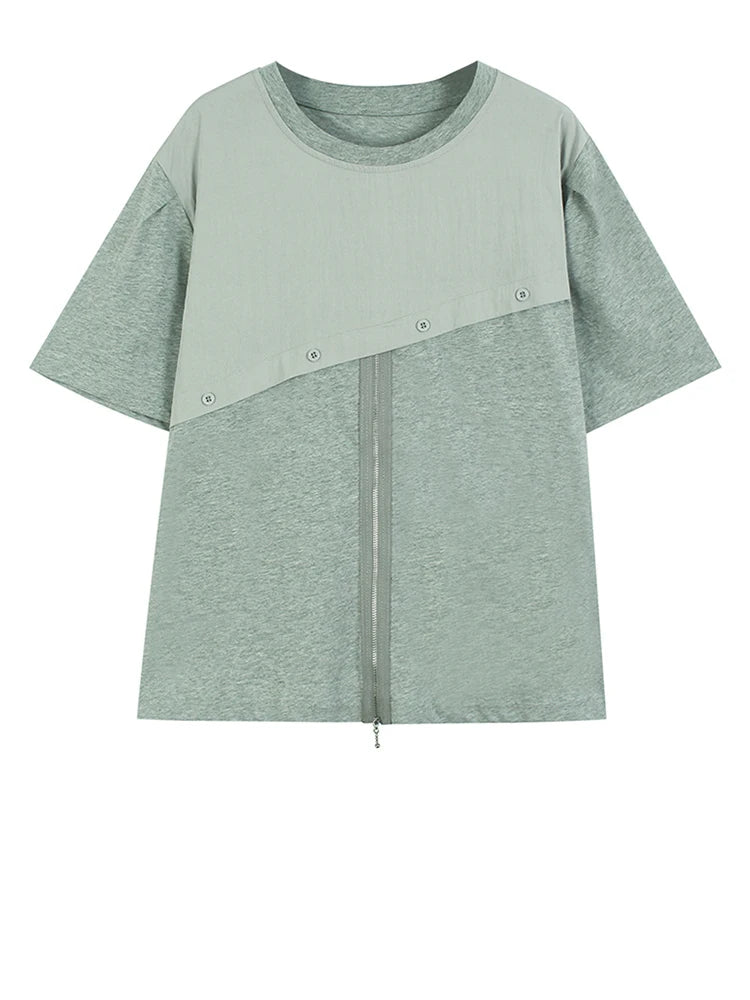 Women Gray Color-block Zipper Big Size Casual T-shirt New Round Neck Short Sleeve Fashion Tide Spring Summer 2025  1DJ0663
