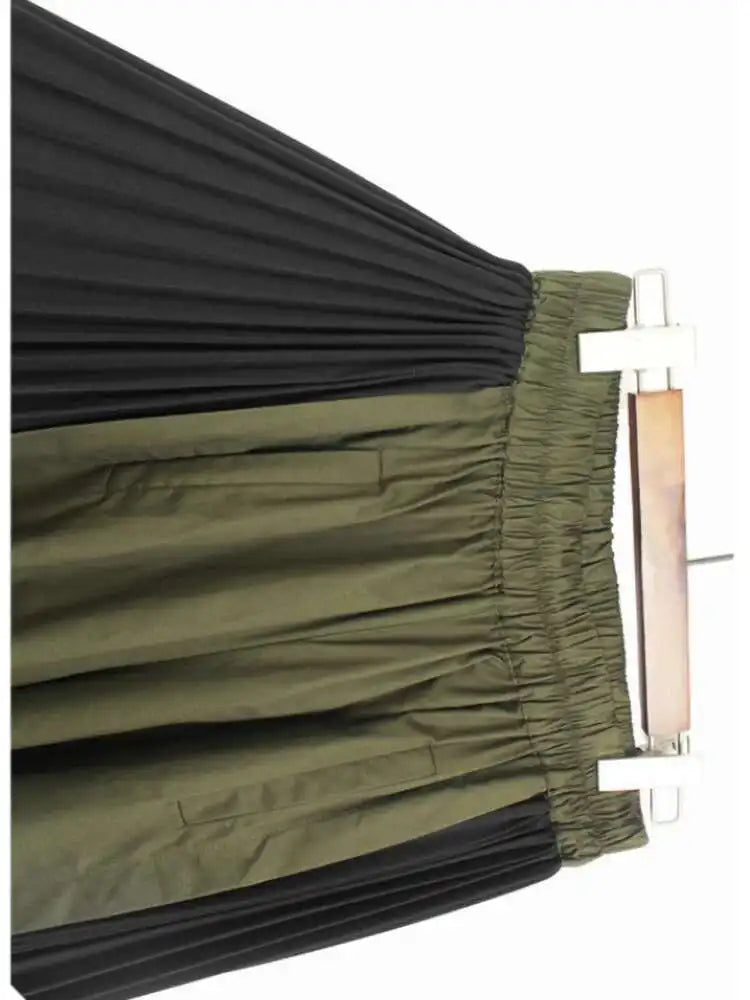 High Elastic Waist Green Pleated Color-block Long Wide Leg Pants New Trousers Women Fashion Spring Autumn 2025 1DJ0126