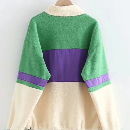 Load image into Gallery viewer, Women&#39;s Fleece Green Hoodies Sweatshirts Stand Collar Hit Color Patchwork Pullovers Sweet Style Tracksuit
