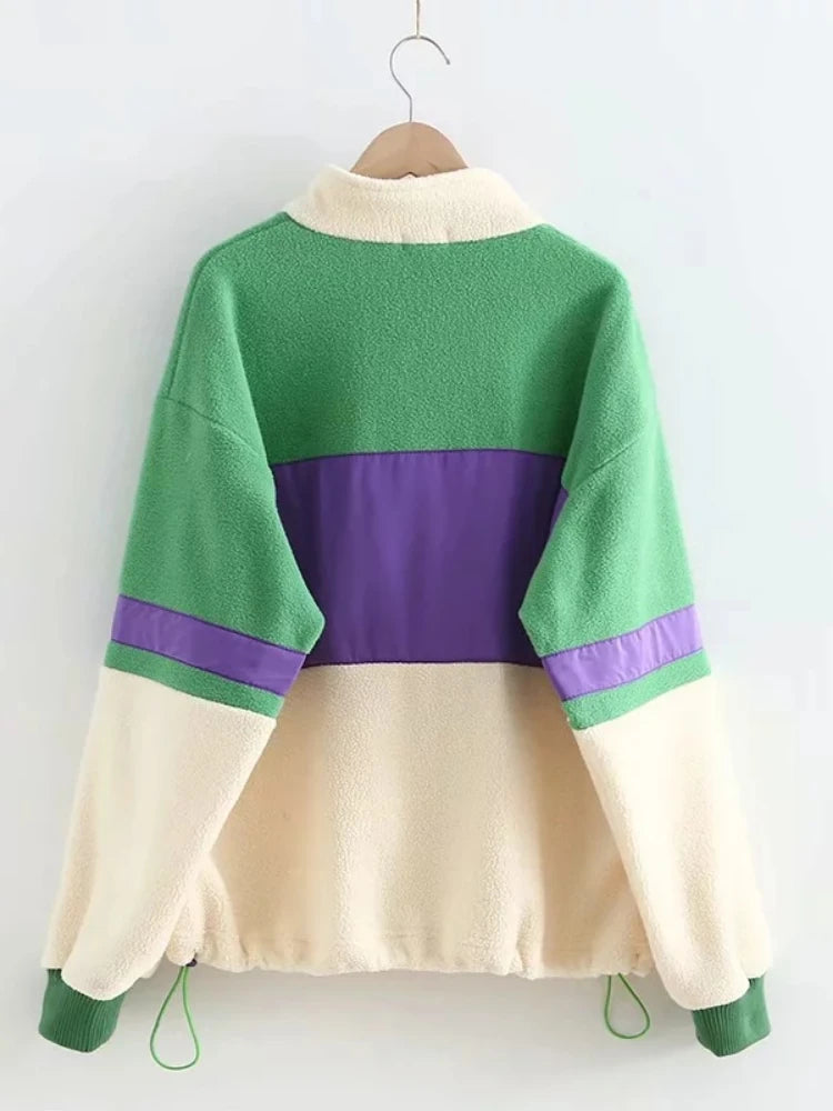 Women's Fleece Green Hoodies Sweatshirts Stand Collar Hit Color Patchwork Pullovers Sweet Style Tracksuit