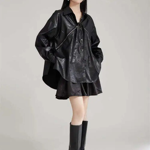 Load image into Gallery viewer, Women Black Zipper 2 Ways Wear Big Size Blouse New V-neck Long Sleeve Shirt Fashion Tide Spring Autumn 2025 1DH8012
