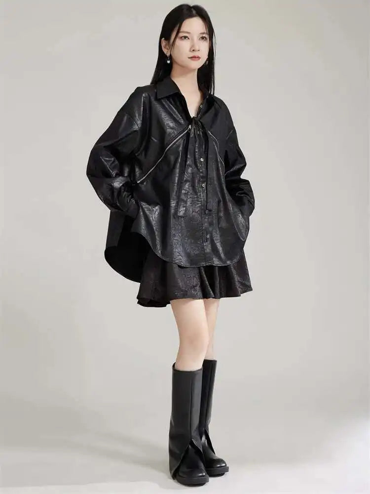 Women Black Zipper 2 Ways Wear Big Size Blouse New V-neck Long Sleeve Shirt Fashion Tide Spring Autumn 2025 1DH8012