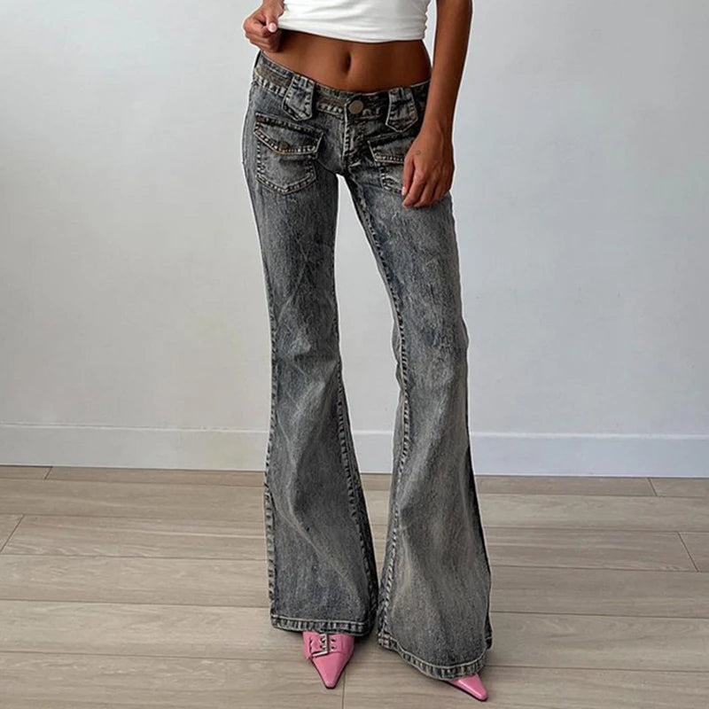 Vintage Chic Low Waist Jeans Women Flare Pants Fashion Elegant
