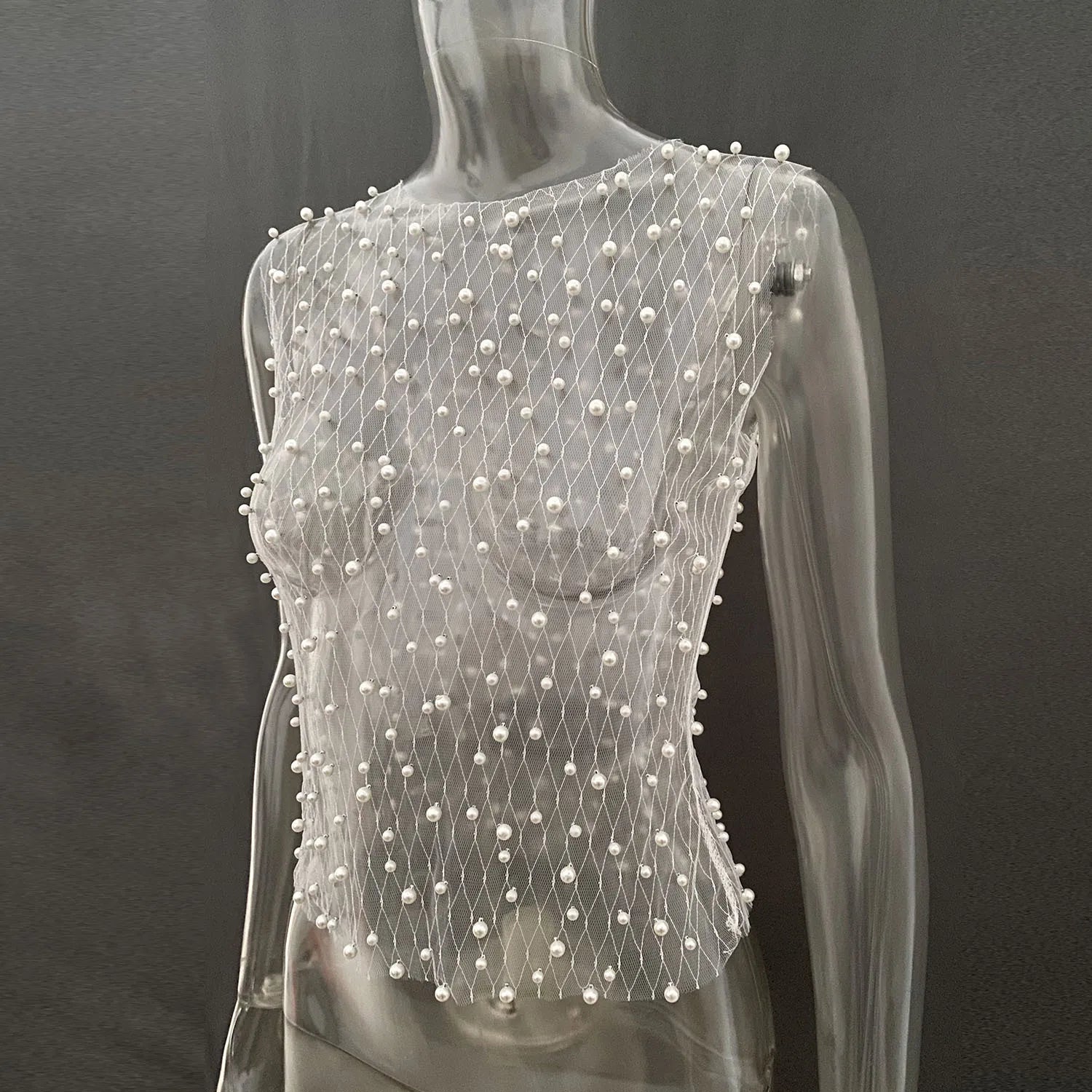 See Through Mesh Sleeveless Tops For Women Fashion Sheer Pearl Sexy Tank Tops Femme Club Party T-shirt New