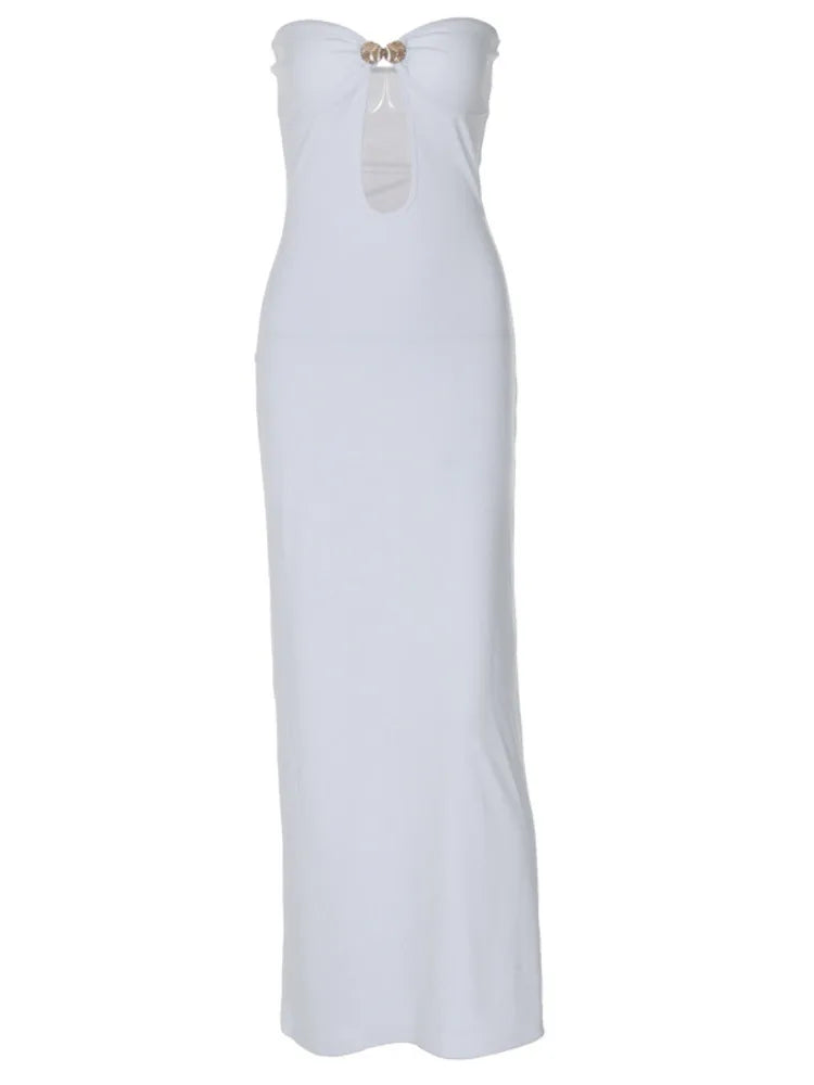 Sexy Strapless Hollow Out Bodycon Women Dress Elegant Slim Party Club Evening Dress Hook Buckle Long Chest Wrap Vestidos