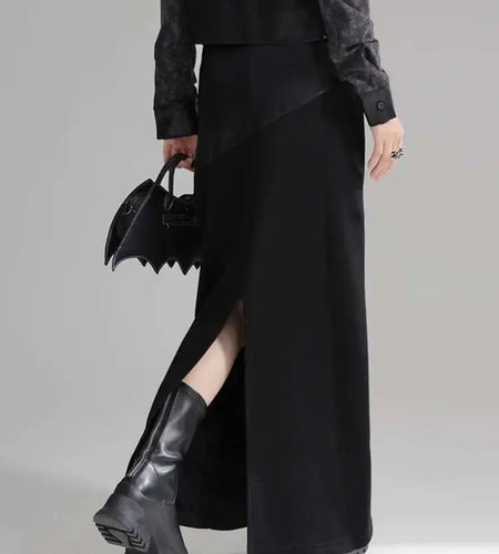 High Waist Black Pu Leather Spliced Long Back Slit Elegant Half-body Skirt Women Fashion New Spring Autumn 2025 1DH3993