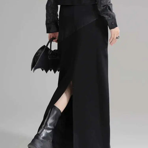 Load image into Gallery viewer, High Waist Black Pu Leather Spliced Long Back Slit Elegant Half-body Skirt Women Fashion New Spring Autumn 2025 1DH3993
