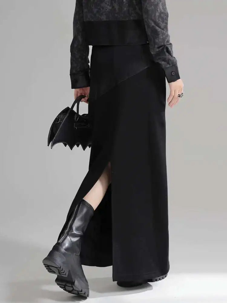 High Waist Black Pu Leather Spliced Long Back Slit Elegant Half-body Skirt Women Fashion New Spring Autumn 2025 1DH3993