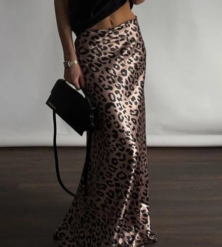 Satin Leopard Print Long Skirt Women Fashion High Waist Maxi Fishtail Skirt Ladies Fashion With Zipper Sexy Skirts