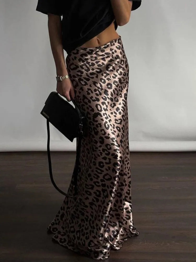 Satin Leopard Print Long Skirt Women Fashion High Waist Maxi Fishtail Skirt Ladies Fashion With Zipper Sexy Skirts