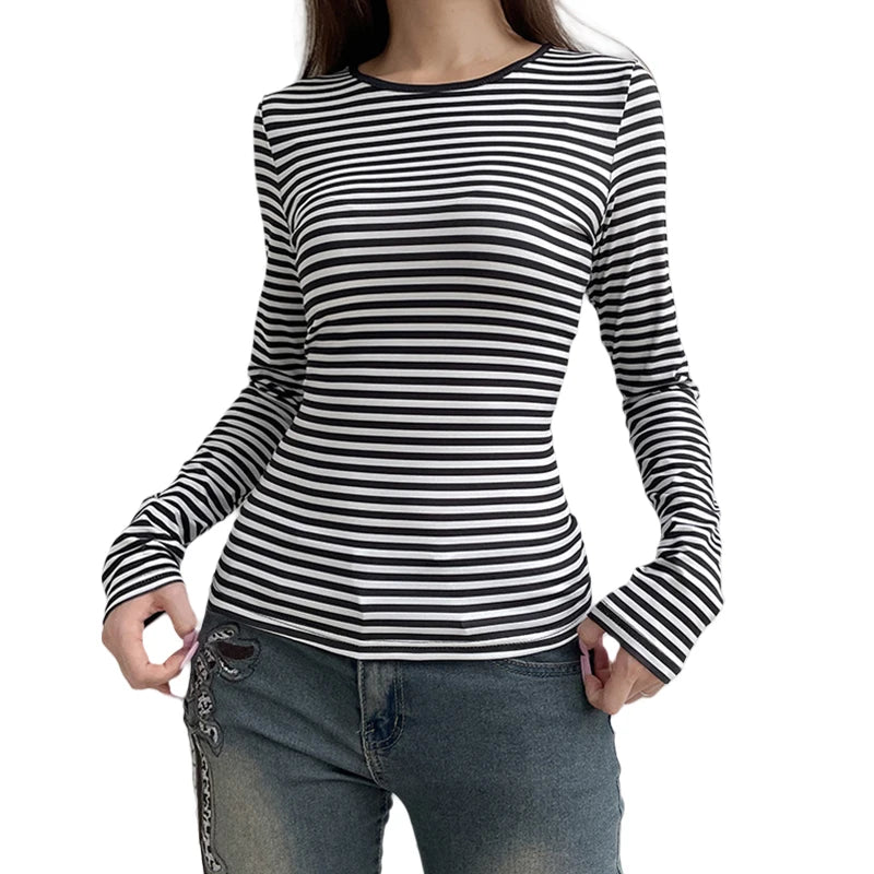 y2k Tops Women Grunge Clothes Casual Striped Round Neck Backless Long Sleeve Tee Shirts 2000s Clothing Streetwear