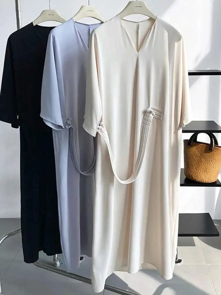 Women Black Buckle Long Elegant Dress New Round Neck Three-quarter Sleeve Loose Fit Fashion Spring Autumn 2025 1DE7880