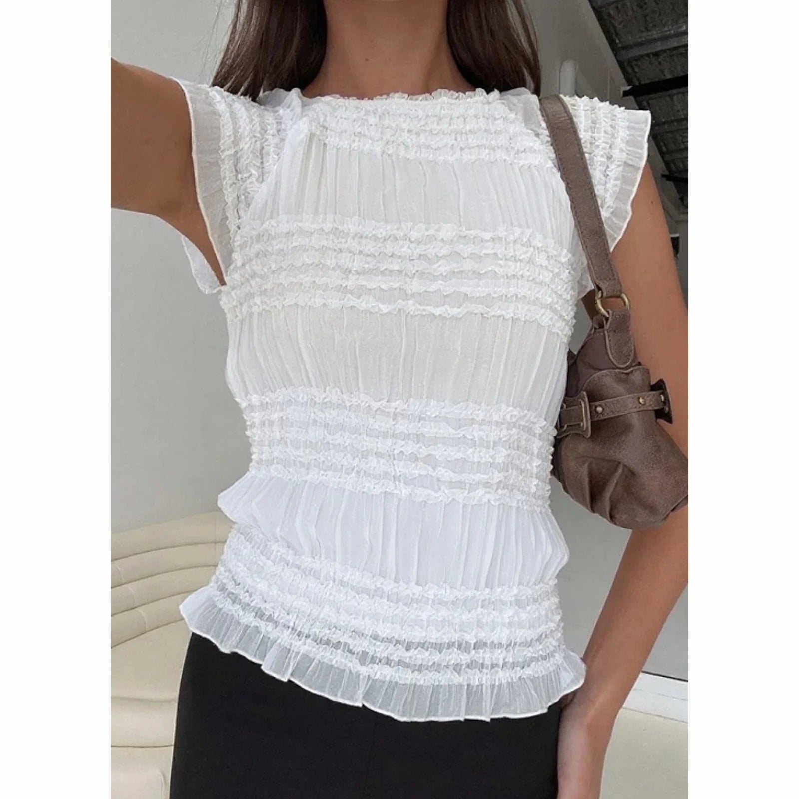 y2k Crop Tops Summer Women Aesthetic Clothing Crew Neck Flying Sleeve Smocked T Shirts 2000s Party Clothes Streetwear