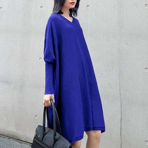 Load image into Gallery viewer, Women Blue Knitting Big Size Mini Dress New V-Neck Long Batwing Sleeve Loose Fit Fashion Tide Spring Autumn 2025 1DF9758
