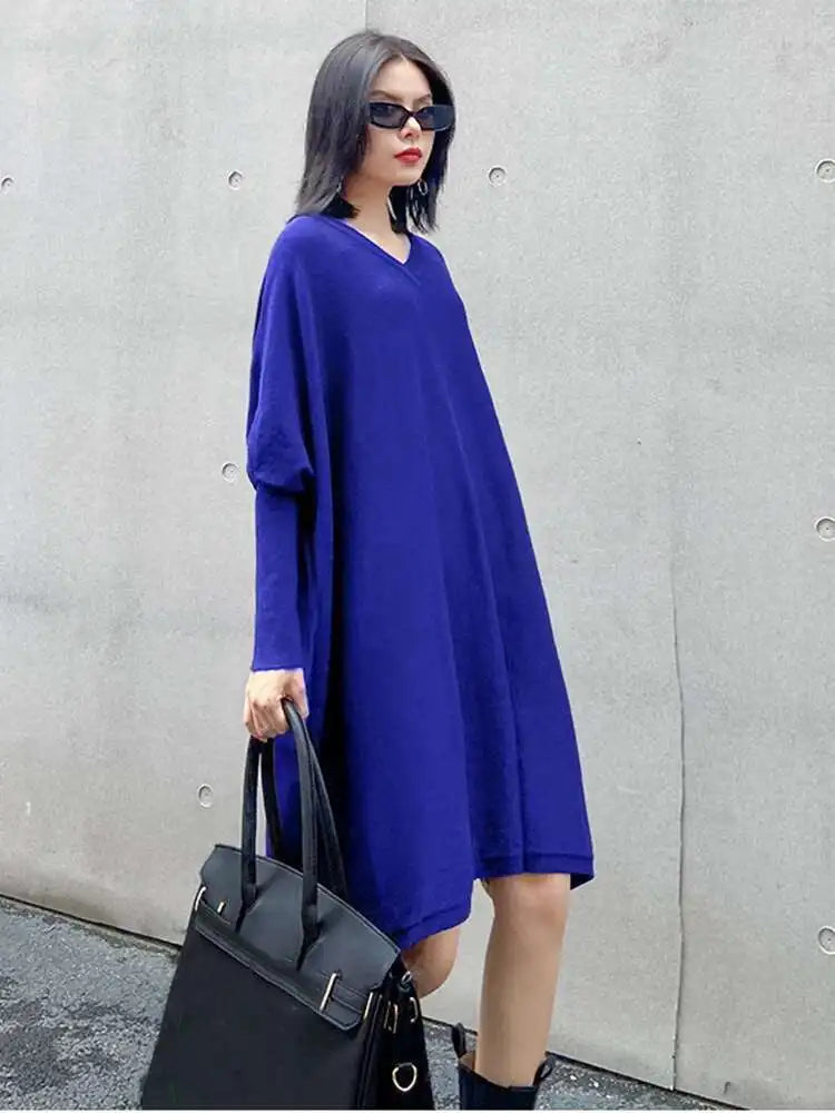 Women Blue Knitting Big Size Mini Dress New V-Neck Long Batwing Sleeve Loose Fit Fashion Tide Spring Autumn 2025 1DF9758