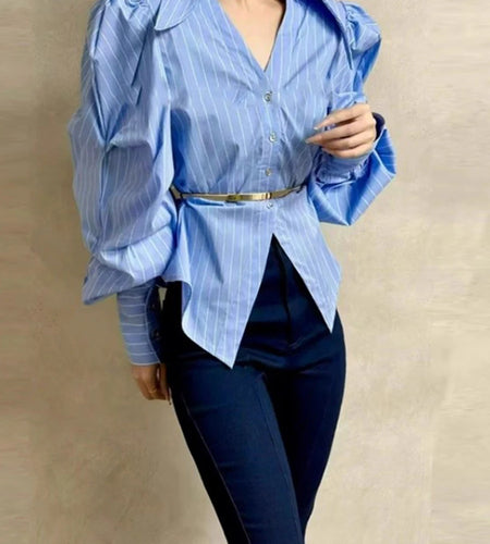 Solid Spliced Striped Temperament Shirts for Women Lapel Long Sleeves Patchwork Button Fashion Shirt Female Clothes