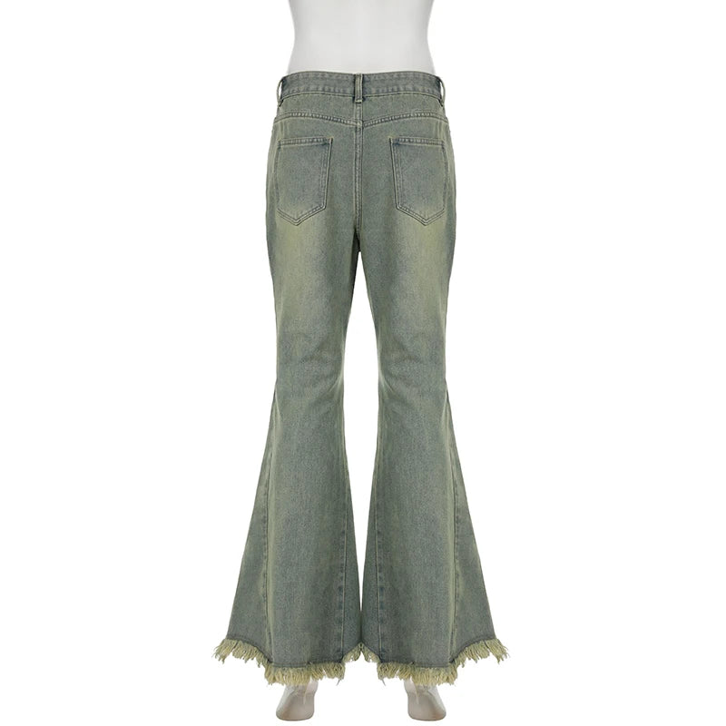 Y2K Streetwear Slim Tassel Distressed Flared Jeans Women Vintage Burr 2000s Aesthetic Denim Trousers Korean Capris