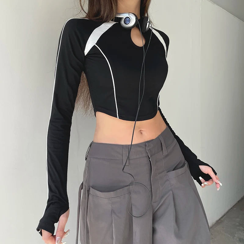 Casual Moto&Biker Style Skinny Women T-shirts Street Stripe Patchwork Crop Top Autumn Tee Shirts Sporty Basic Clothes