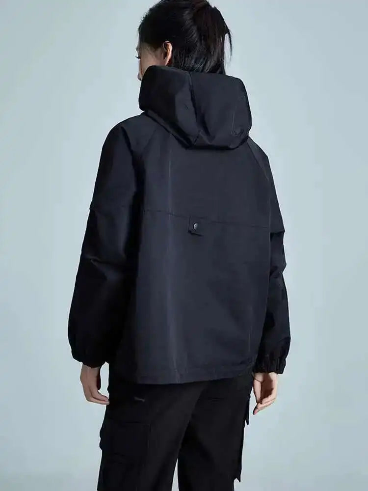 Black Big Size Loose Fit Pocket Casual Jacket New Hooded Long Sleeve Women Coat Fashion Tide Spring Autumn 2025 1DH3240