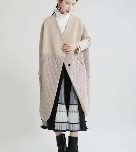 Apricot Warm Big Size Long Cotton-padded Coat Long Sleeve Loose Fit Women Parkas Fashion New Autumn Winter 2025 1DF4808