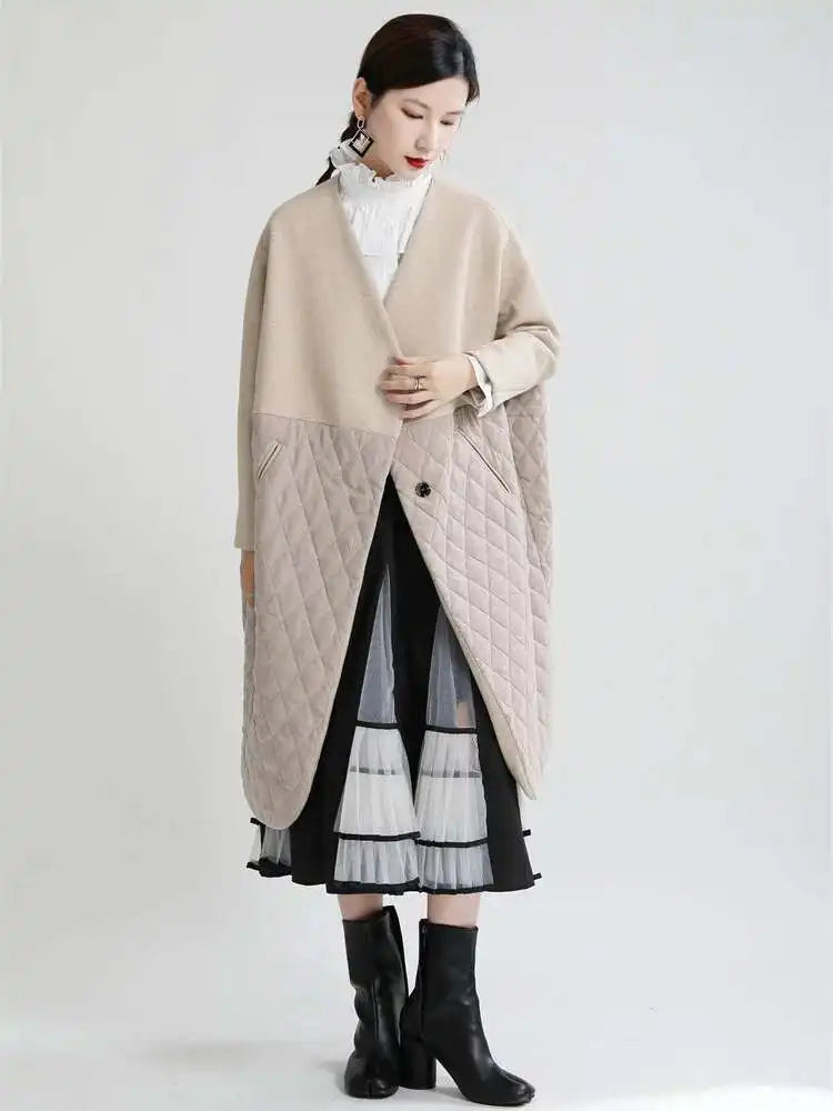 Apricot Warm Big Size Long Cotton-padded Coat Long Sleeve Loose Fit Women Parkas Fashion New Autumn Winter 2025 1DF4808