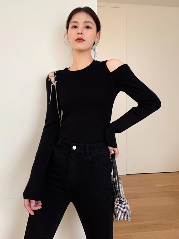 Solid Irregular Sweaters For Women Round Neck Long Sleeve Knitting Off Shoulder Slimming Sweater Female Fashion