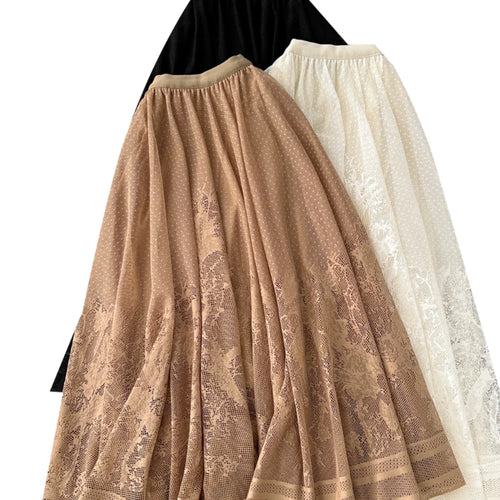 Load image into Gallery viewer, Vintage Elegant Women Black White Mesh High Waist Vacation Long Skirt Autumn Winter New Brown Pleated A-line Short Skirt Popular
