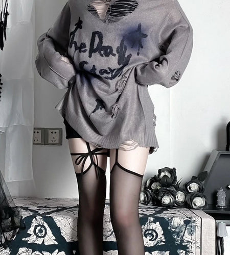 Y2k Aesthetic Slash Neck Spring Women Sweaters Holes Loose Punk Grunge Knitted Sexy Pullovers Long Sleeve Hollow Out Pull Femme