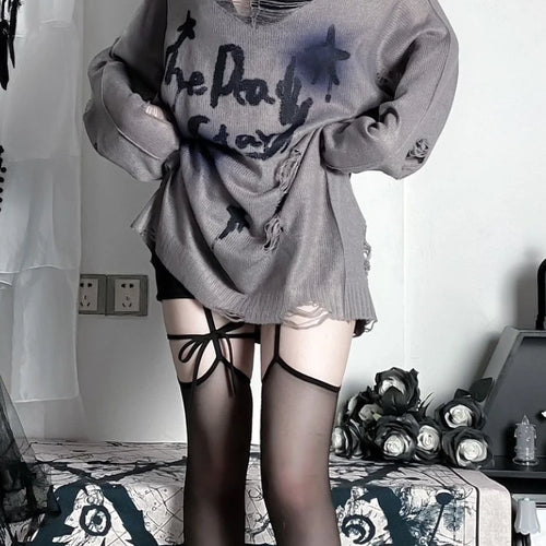 Load image into Gallery viewer, Y2k Aesthetic Slash Neck Spring Women Sweaters Holes Loose Punk Grunge Knitted Sexy Pullovers Long Sleeve Hollow Out Pull Femme
