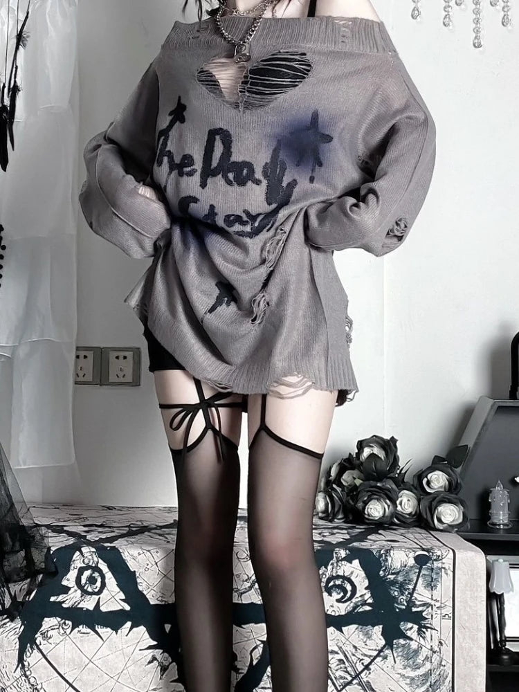 Y2k Aesthetic Slash Neck Spring Women Sweaters Holes Loose Punk Grunge Knitted Sexy Pullovers Long Sleeve Hollow Out Pull Femme