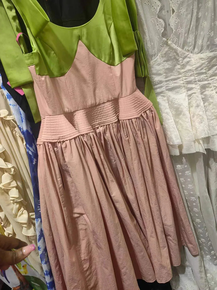 Hit Color Spliced Bowknot Sweet Long Dresses for Women V Neck Sleeveless High Waist Patchwork Ruffles Dress Female