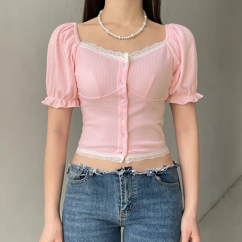 Korean Square Neck Summer Tee Shirt Female Coquette Clothes Lace Patched Buttons Puff Sleeve Sweet Crop Tops Lolita