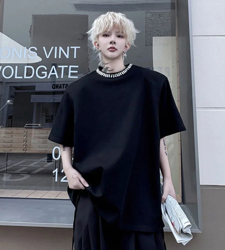 Men's Short Sleeved T-shirts Summer Round Neck Collar Handmade Nail Glitter Decoration Solid Color Male Clothing 9W1495