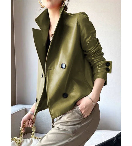 Autumn Winter Gold Faux Leather Jackets Women 2024 New Outwear Long Sleeves PU Leather Short Coats Outwear for Female